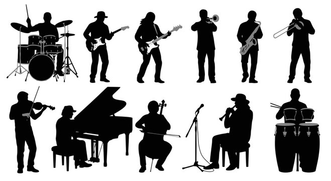 Silhouettes of musicians playing various instruments.