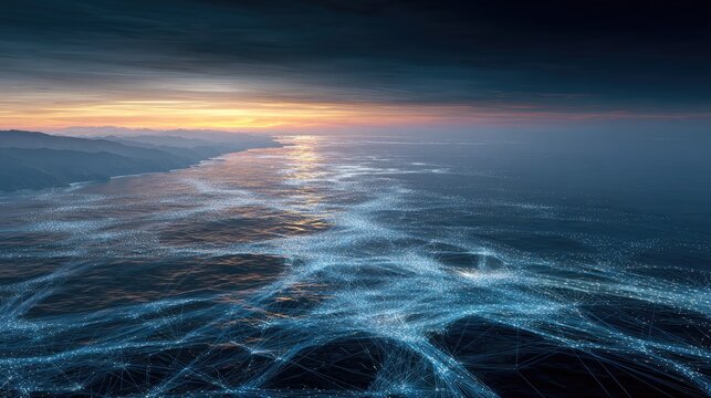 Digital connections illuminate vast ocean at sunset, creating ethereal network patterns