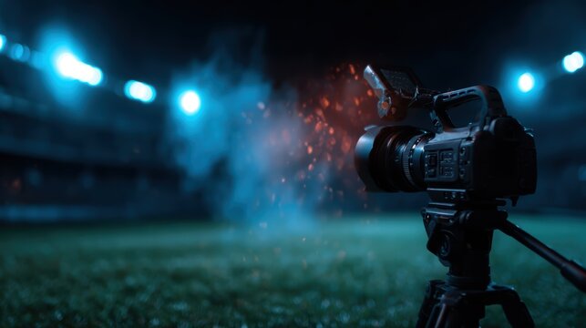 A dynamic close-up of a camera positioned on a sports field, ready to capture action amid vibrant lighting, illustrating the intersection of sports and photography.