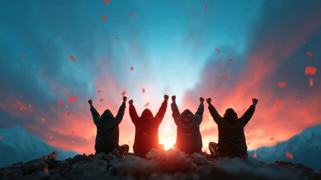 A group of five friends celebrates at sunset, raising their fists in triumph against a backdrop of colorful skies and rugged mountains, symbolizing unity and accomplishment.
