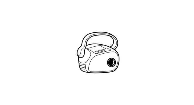 Line art illustration of a portable mini projector. Simple black and white vector icon for multimedia presentations, home cinema, or business use.