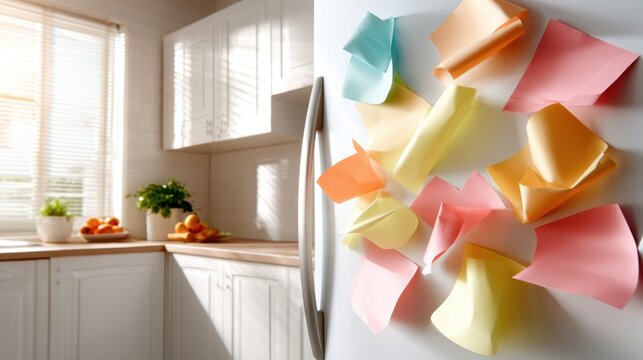 A collection of colorful sticky notes adorns a kitchen fridge, conveying messages, reminders, and the essence of home life and personal organization.