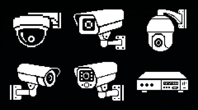 Pixel Art CCTV Security Camera Icon Set for Game and Interface Design