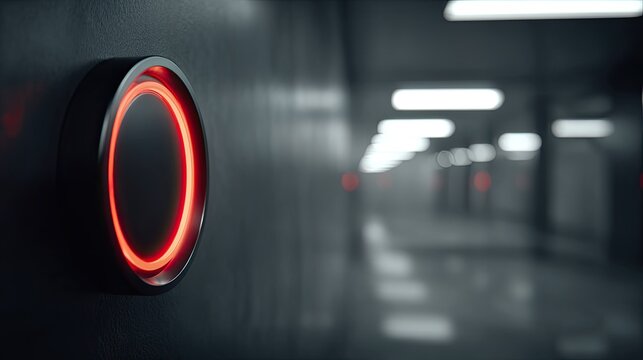 Futuristic corridor with glowing circular device on dark wall
