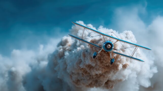 A classic bi-plane soaring through billowing clouds, exemplifying adventure and nostalgia, invites viewers to recall a bygone era of aviation and exploration.