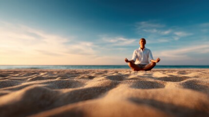 Fototapeta premium A tranquil scene featuring a man meditating on a serene beach at sunset, embodying peace, mindfulness, and a connection to nature's beauty and spiritual depth.