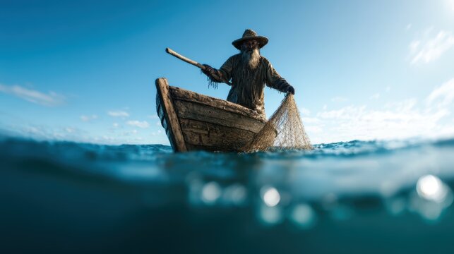 An elderly fisherman stands on a rustic wooden boat, casting his net into the sea, showcasing a timeless connection to nature and the tradition of sustainable fishing.