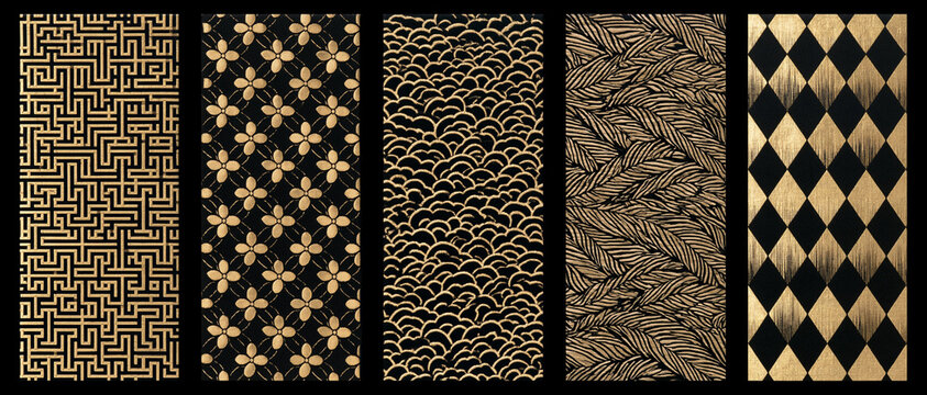 Set of five vertical black and gold patterned banners featuring intricate designs: geometric maze, floral ornaments, traditional waves, feathered leaf textures, and a classic diamond harlequin moti...