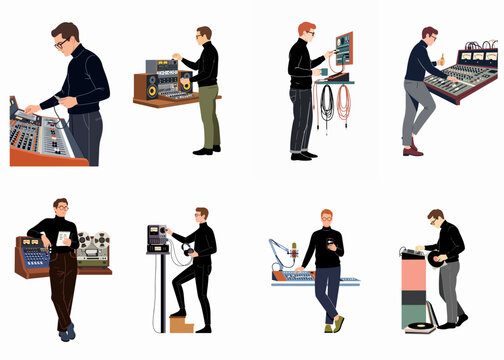 Collection of flat vector illustrations depicting a male sound engineer or music producer working with various vintage and modern professional audio equipment.