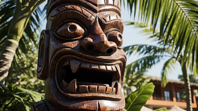 Traditional Wooden Tiki Statue Surrounded by Lush Tropical Palm Trees.