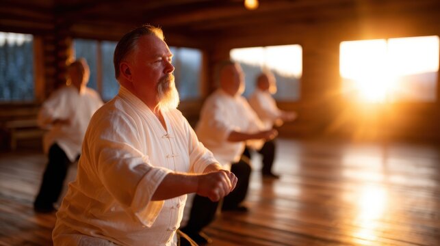 A serene sunset illuminates a group of men practicing martial arts in a wooden studio, showcasing discipline and focus amid a warm, golden glow of natural light.