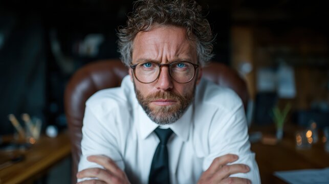 A serious businessman with curly hair and glasses gazes intensely at the viewer, representing determination and professionalism in a modern office setting.