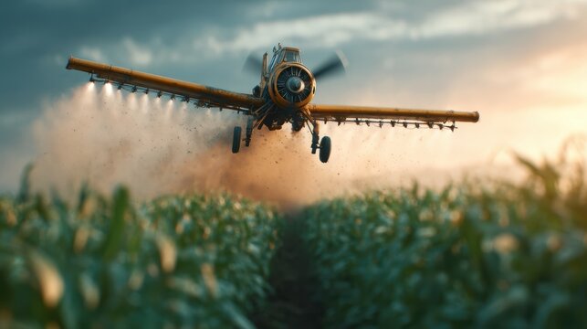 An agricultural plane flies low over green fields, releasing crop dust. This dynamic moment showcases the intersection of technology and nature in farming.