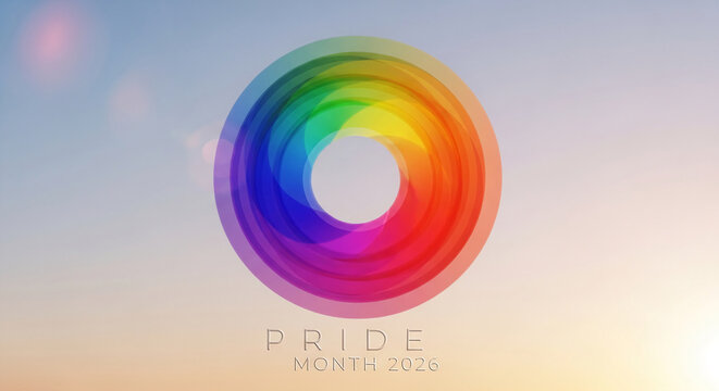 A translucent rainbow circle overlays a soft, gradient sky, representing pride and diversity for Pride Month 2026.