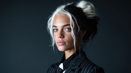 Fototapeta premium A fashion-forward model showcases a stunning two-tone hairstyle in a sleek pinstriped suit, embodying modern elegance and individuality in a captivating studio setting.