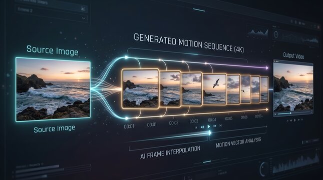 Generated motion sequence of a serene ocean scene at sunset with AI frame interpolation