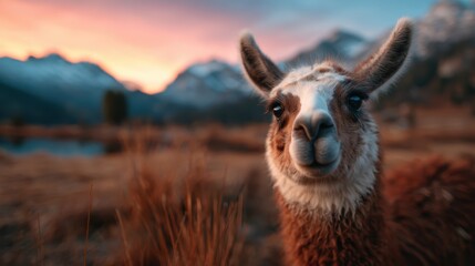 Fototapeta premium A close-up of a curious llama in a picturesque setting, showcasing its expressive eyes against a backdrop of mountains during a breathtaking sunset. Nature's beauty shines.