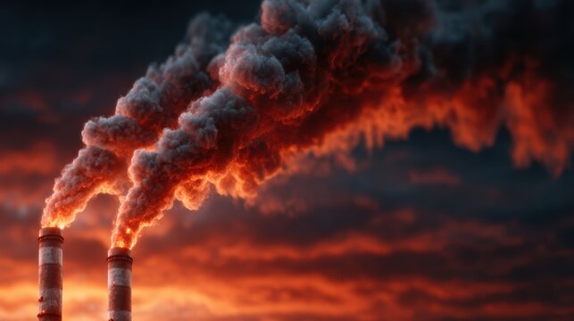 An impactful image of smokestacks emitting billowing smoke during twilight hours, conveying themes of industrialization and environmental awareness in a dramatic landscape.