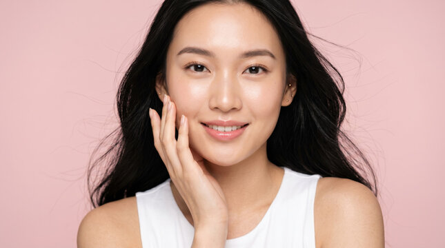 Beautiful young Asian woman with glowing natural skin, long dark hair, and a radiant smile touching her cheek on a pink background, ideal for skincare and wellness concepts.
