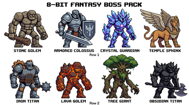 Explore a vibrant collection of pixel art game elements, presenting diverse fantasy RPG boss characters, from elemental titans to mythical creatures, ready for immersive digital adventures