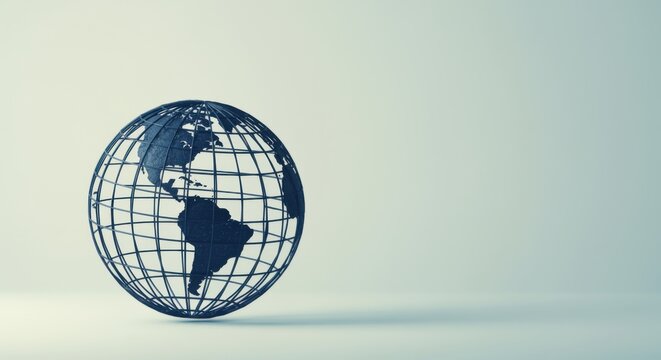 Navy blue wireframe globe floating over a neutral ivory surface with copy space for global logistics, digital innovation and corporate branding identity designs