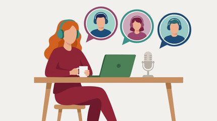 Fototapeta premium Woman in headphones on laptop participating in virtual meeting or podcast