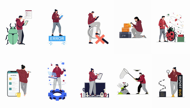 Flat vector illustration set depicting software testing, bug reporting, quality assurance processes, debugging, and error management in technical application development environments.