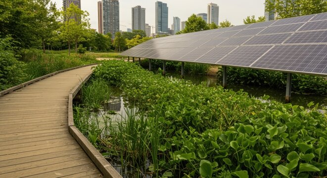Wooden boardwalk curving past modern solar panels over a canal for municipal green energy project, sustainable architecture and urban ecology planning