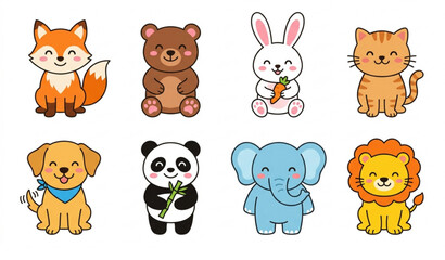 Cute animal vector set with fox bear rabbit cat dog panda elephant lion cartoon characters isolated on white © Joy