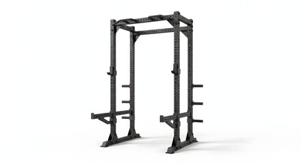 Fototapeta premium Heavy duty black metal power rack cage for weightlifting and strength training in a gym with multiple adjustable bar supports and pull-up bar