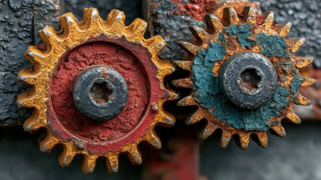 Close-up of two aged, meshing gears with flaking paint and evident rust