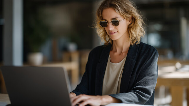 Blind office worker using an AI-powered screen reader on a laptop in a quiet open-plan workspace, braille display positioned beside the keyboard, natural window light falling across the accessible w