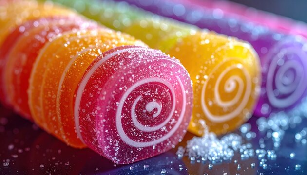 Colorful, spiraled candies, dusted with sugar, arranged in a row