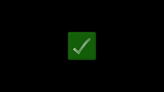 3D white check mark inside green square with subtle glow on black. Check mark white. Professional 3D white check mark for system confirmation and software validation art.