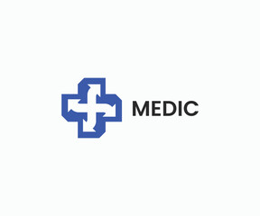 Obraz premium Medical cross arrows logo design. Plus symbol with turn direction arrow logo icon. Mobile medical hospital clinic sign