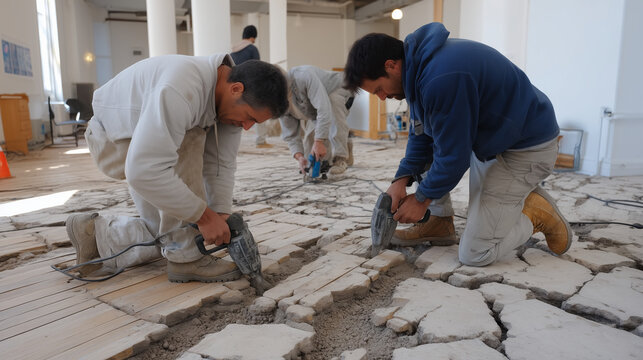 Renovation crew tears up a herringbone timber floor in a 1960s office block, crowbars and reciprocating saws exposing a network of buried conduit and sand-cement screed beneath while project manager