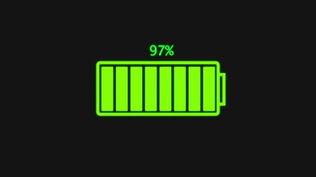 Bright green battery icon showing 92 percent charge on dark. Battery icon power. Professional bright green battery icon for energy efficiency and sustainable power visuals art.