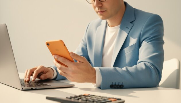 Businessman in a blue suit uses a smartphone and laptop at a desk for digital productivity software marketing, corporate office communication and fintech app mockup