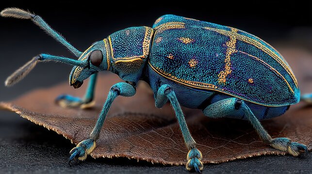 A vibrant blue and gold beetle with long antennae rests on a dried brown leaf