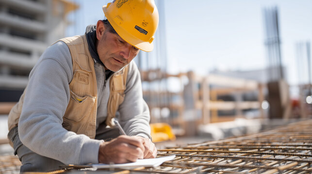Steel fixer crouches in a freshly poured concrete formwork bay, positioning deformed rebar at precise spacing intervals while a structural engineer measures cover depth with a plastic gauge tool and