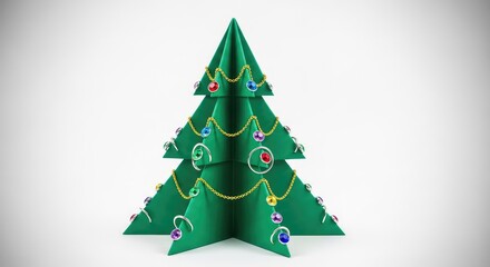 Obraz premium A delicate paper-folded origami Christmas tree stands elegantly decorated with shimmering gold chains, silver rings, and sparkling gems, fashion, necklace, luxury