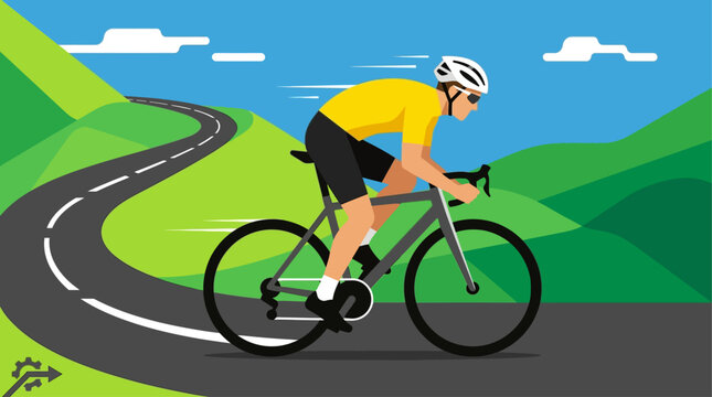 A dynamic flat design illustration captures a Tour de France cyclist in the iconic yellow jersey, demonstrating intense effort during a race. 