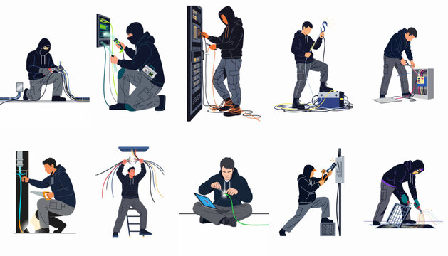 Collection of vector illustrations depicting a hooded figure sabotaging electrical wires, cutting cables, and tampering with server infrastructure in various scenarios.