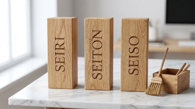 Japanese 5S concept with wooden blocks seiri seiton seiso and miniature cleaning tools on a marble desk