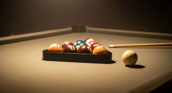 Billiard table with colorful balls in a triangle rack and cue stick on green felt for game room lifestyle, sports leisure advertising and pool hall branding