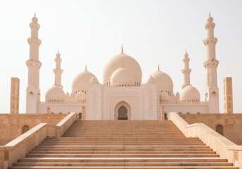 Fototapeta premium A minimalist mosque with domes and minarets stands in sunlight for architectural design showcases, middle eastern travel concepts and spiritual backdrop with copy space