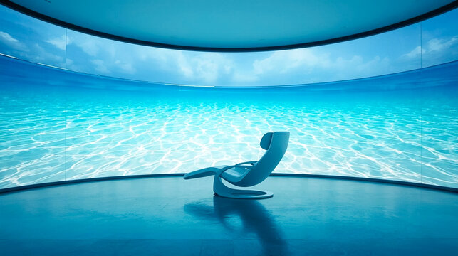 Futuristic modern interior, ergonomic lounge chair, immersive virtual ocean and sky display. High-tech, serene escape for luxury wellness, innovative office relaxation, premium lifestyle marketing.