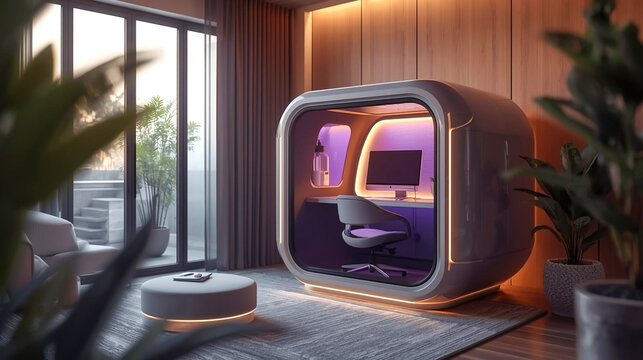 Futuristic modern office pod with integrated computer and ergonomic chair, illuminated with purple and orange LED lighting, set in a contemporary minimalist interior with large windows and lush
