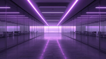 Fototapeta premium Futuristic modern office interior with purple neon lighting and glass walls, professional corporate workspace background for business technology concepts, sleek minimalist design, cinematic mood.
