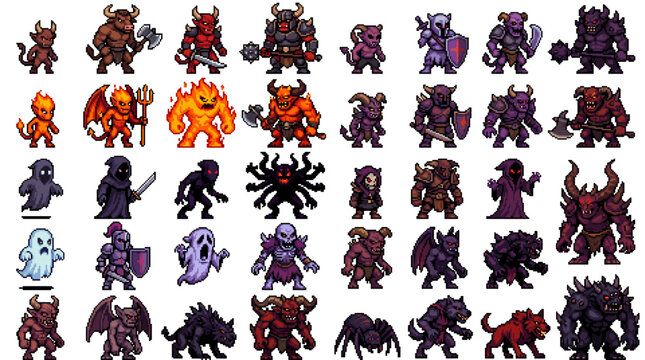A comprehensive collection of diverse pixel art fantasy RPG game elements, featuring an array of monstrous creatures and heroic characters for classic gaming experiences
